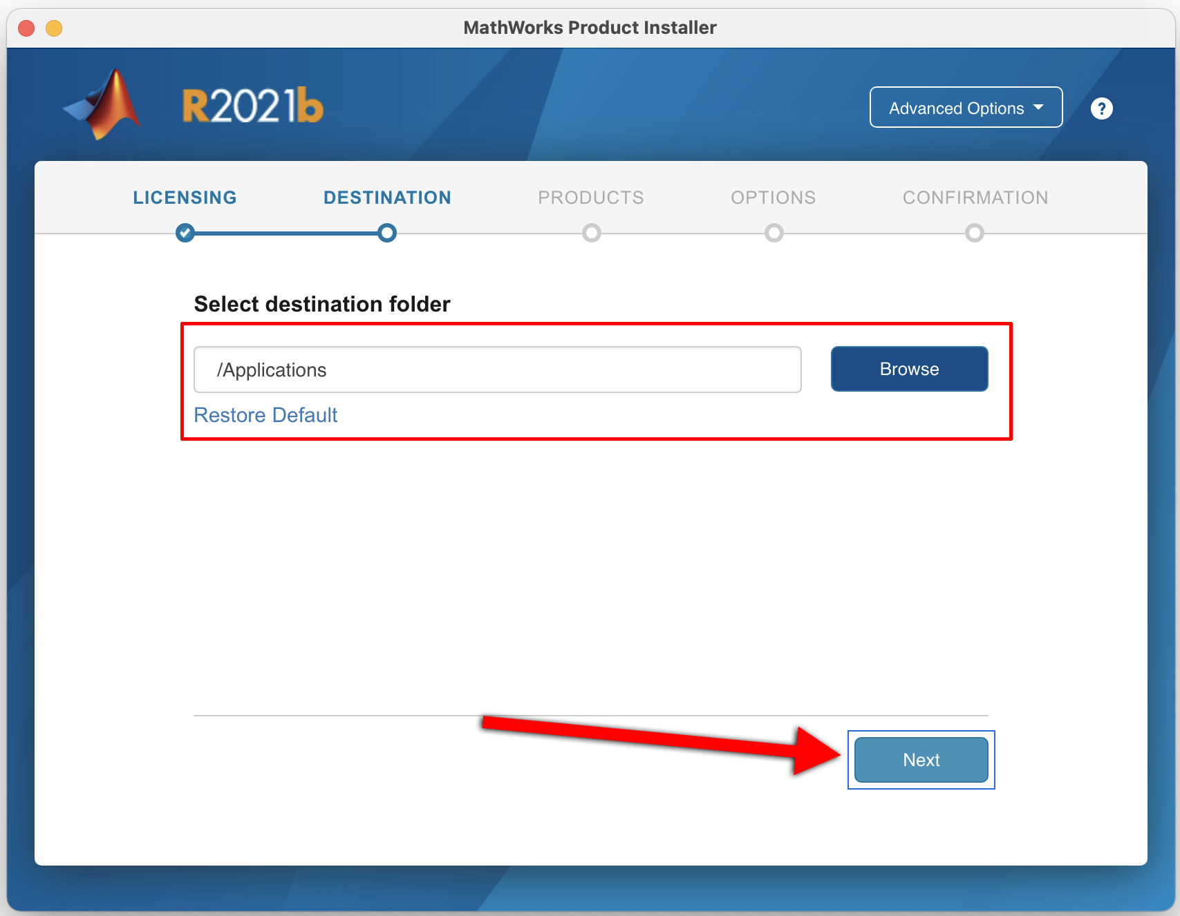 Choosing MATLAB installation settings, select next