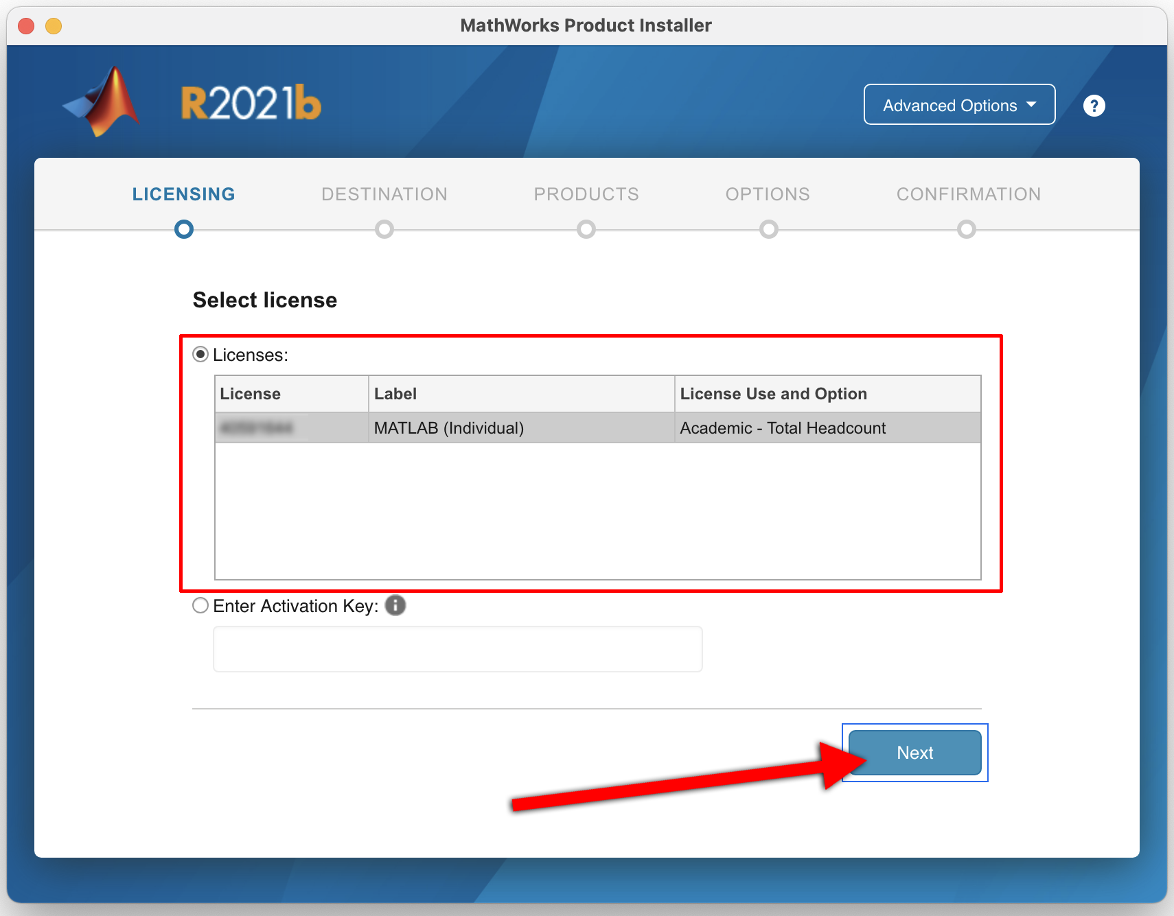 Verify MATLAB installation license, select next