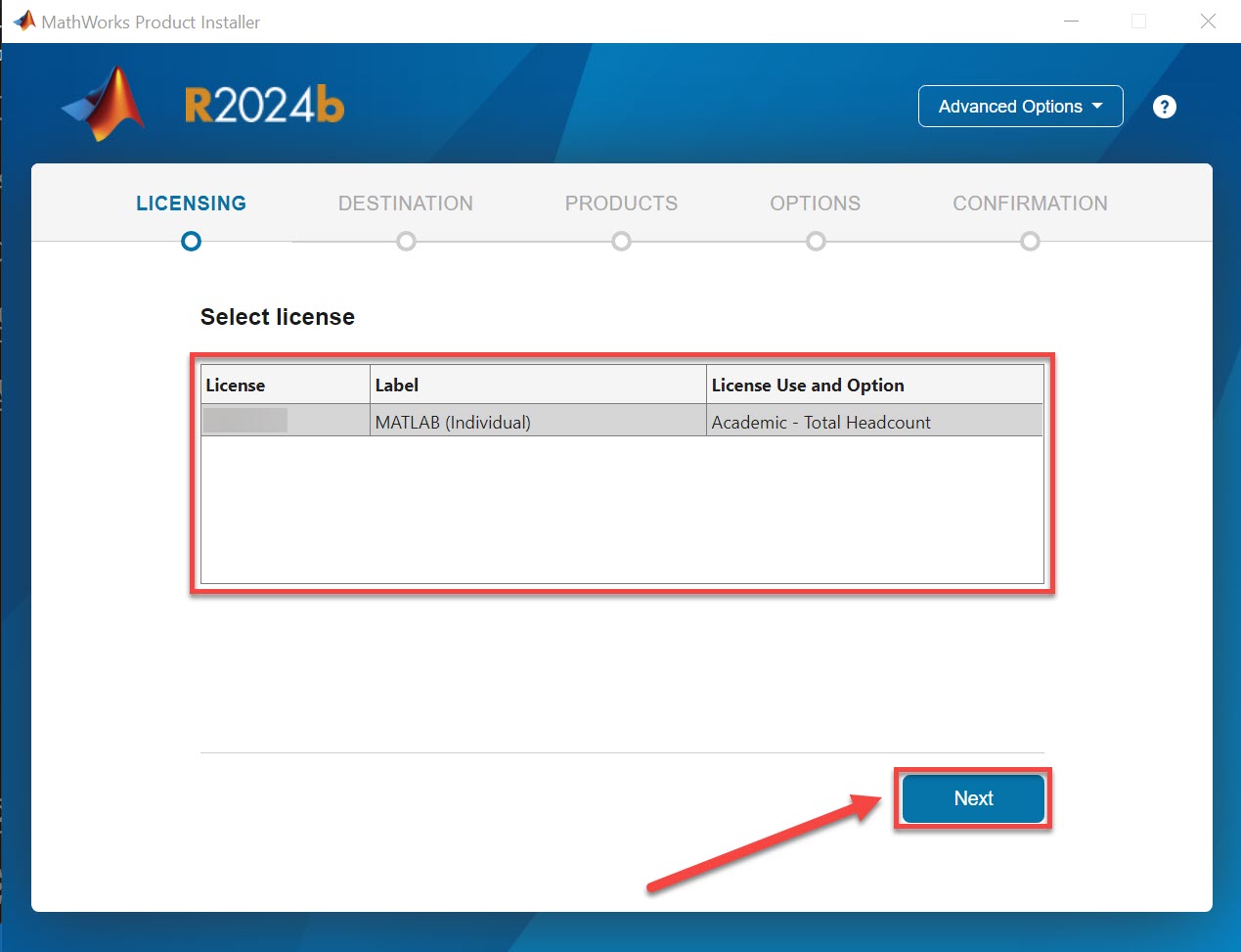 Verifying MATLAB installation license, select next