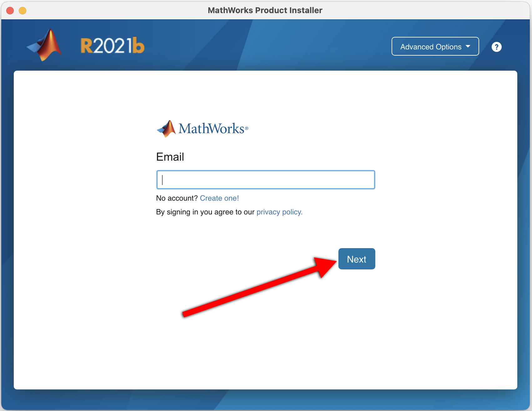 Log in to MATLAB installation wizard, select next