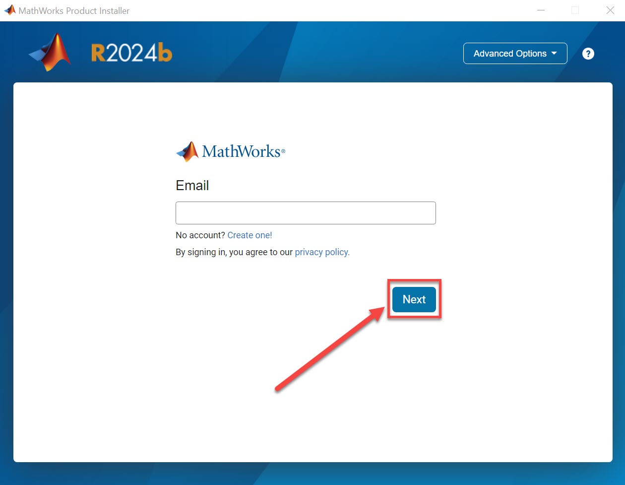 Signing into MATLAB installation wizard, select next