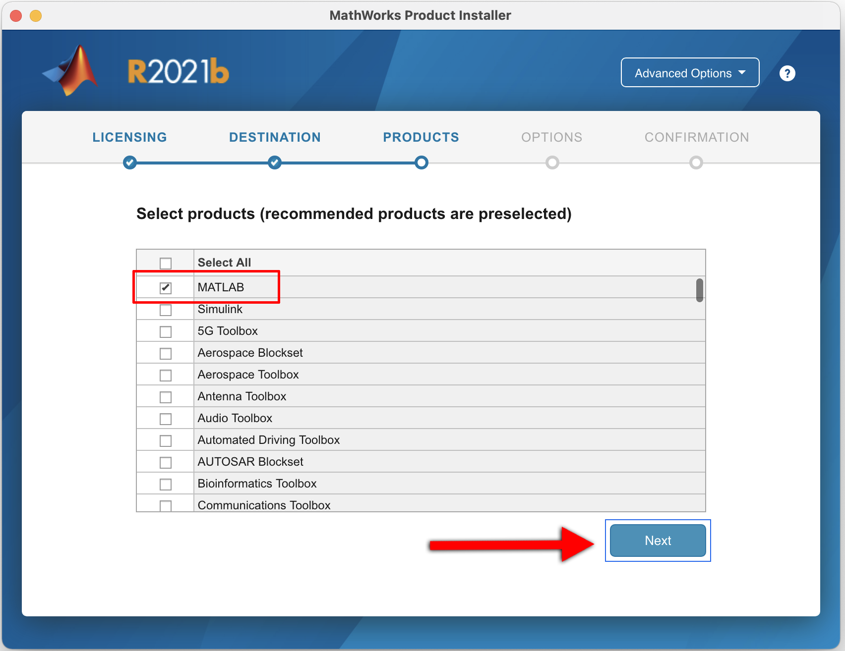 Choosing MATLAB components to install, select next