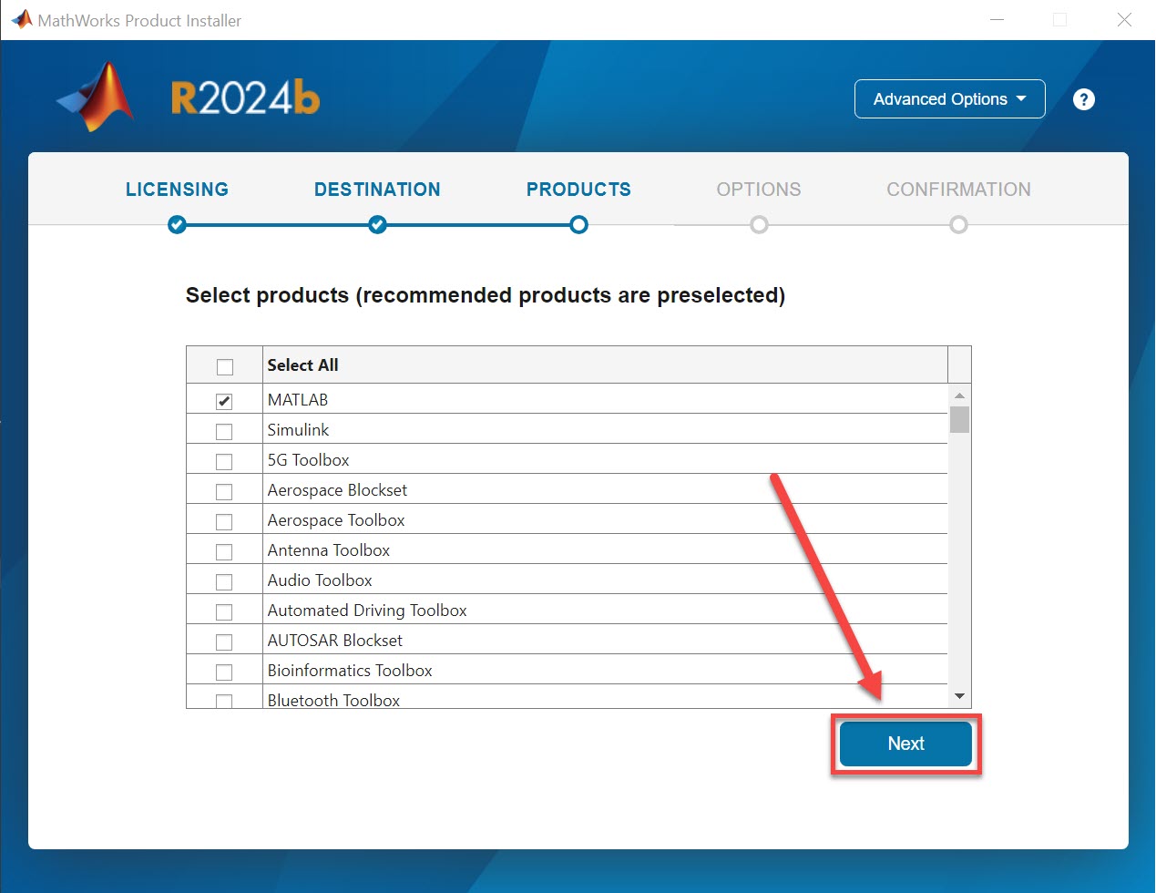 Choosing MATLAB software to install, select next