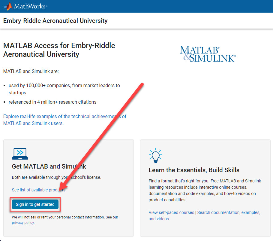 Landing page for MATLAB through ERAU showing to select the Sign In button