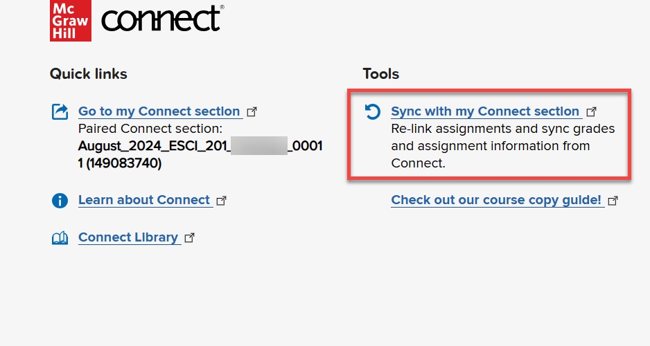 McGraw-Hill Connect page with 'Sync with my Connect section' section highlighted.