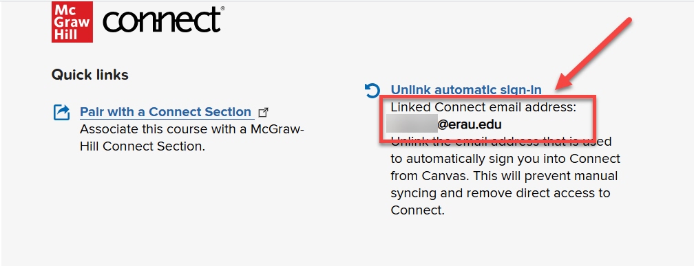 McGraw hill connect quick links page with 'linked connect email address' section highlighted.