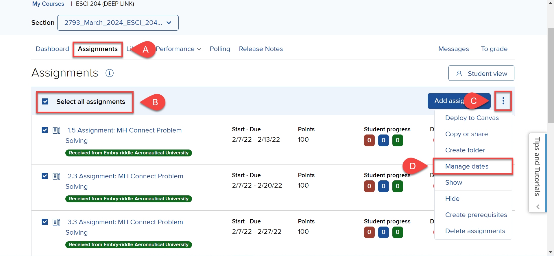 McGraw-Hill Instructor Dashboard with dropdown expanded and 'manage dates' button highlighted