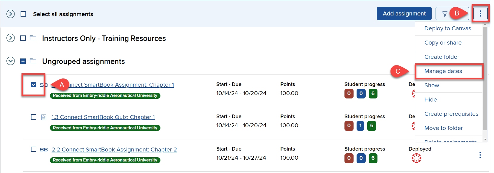 McGraw-Hill Instructor Dashboard with dropdown expanded and 'manage dates' button highlighted.