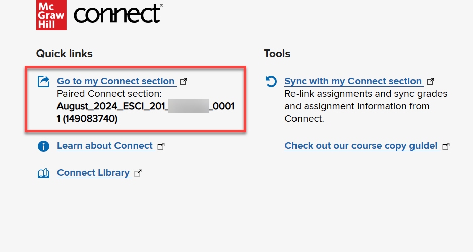 McGraw-Hill Connect canvas page with 'go to my connect' section highlighted.