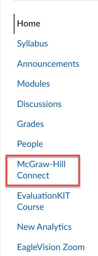 Canvas course page with Mcgraw hill connect page highlighted with an arrow.