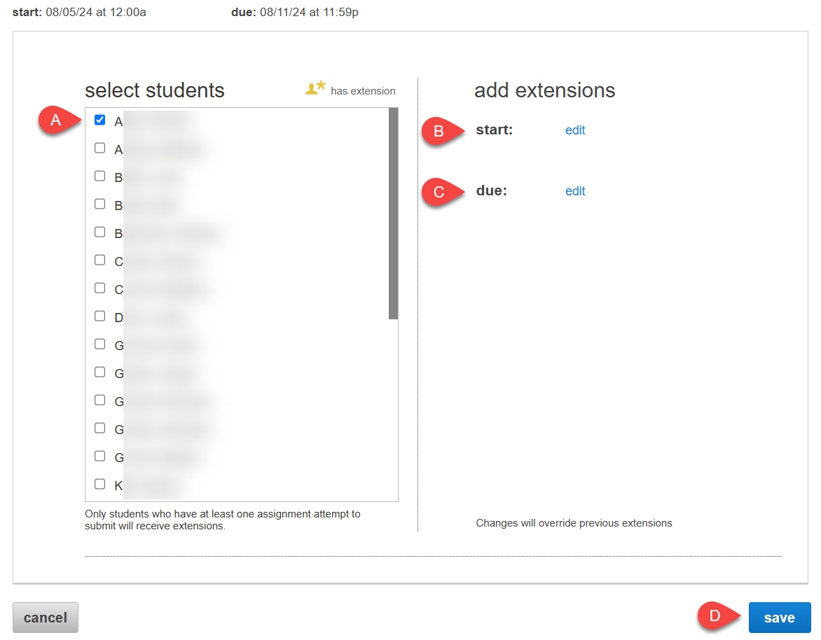 assignment policies page with the select students checkboxes and add extentions sections highlighted.