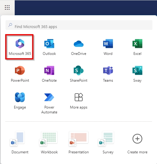 ERNIE homepage app launcher expanded to show Microsoft apps with box highlighting Microsoft 365 icon