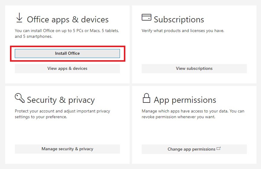 Microsoft Office download page with box highlighting the Install Office option