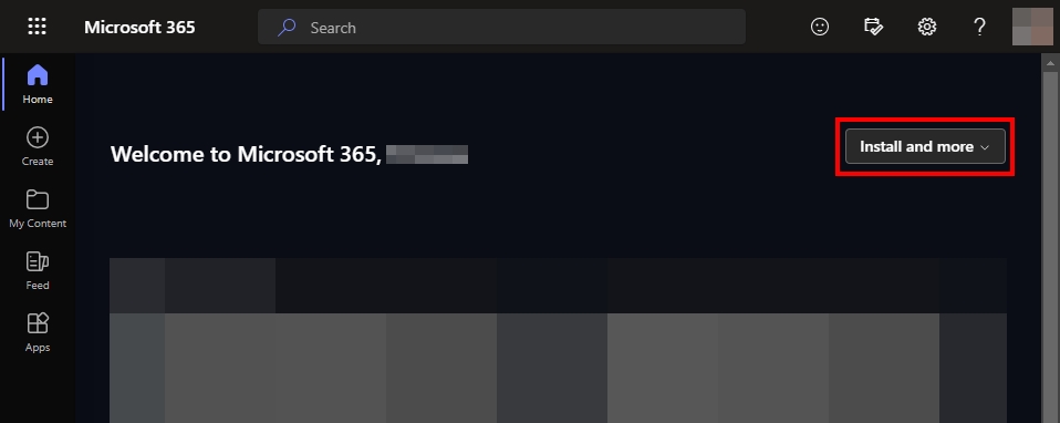 Microsoft 365 homepage with box highlighting install and more button