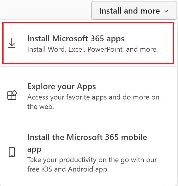 Install and more dropdown with box highlighting install Microsoft 365 apps option