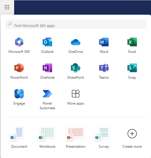 ERNIE homepage app launcher expanded to show Microsoft apps