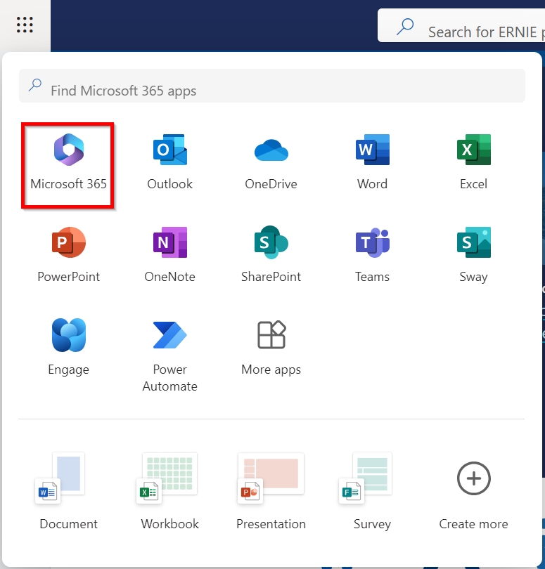 ERNIE homepage app launcher expanded to show Microsoft apps with box highlighting Microsoft 365 icon