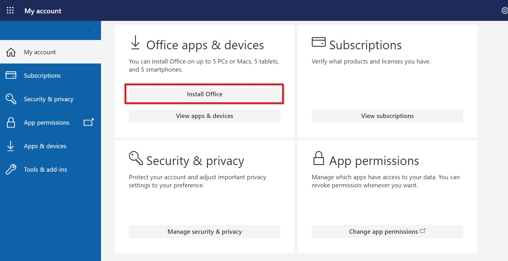 Microsoft Office download page with box highlighting the Install Office option