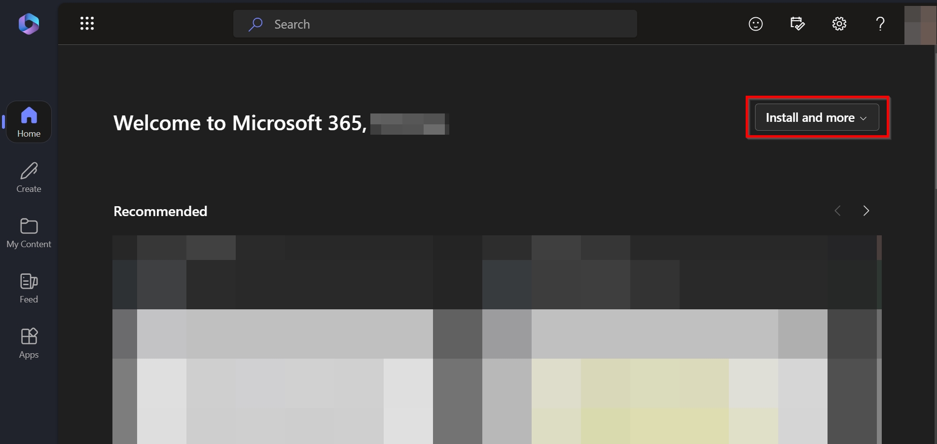 Microsoft 365 homepage with box highlighting install and more button