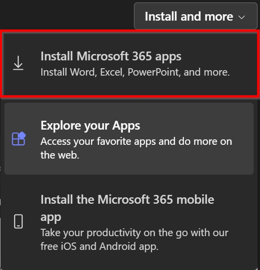 Install and more dropdown with box highlighting install Microsoft 365 apps option