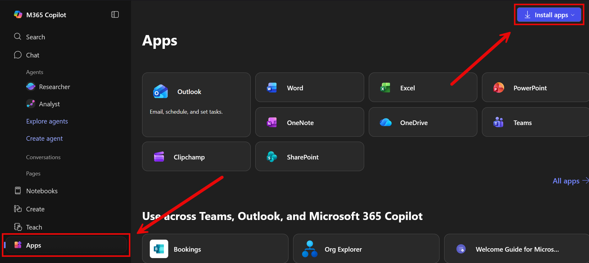 Microsoft 365 Apps page with box highlighting Install apps dropdown.
