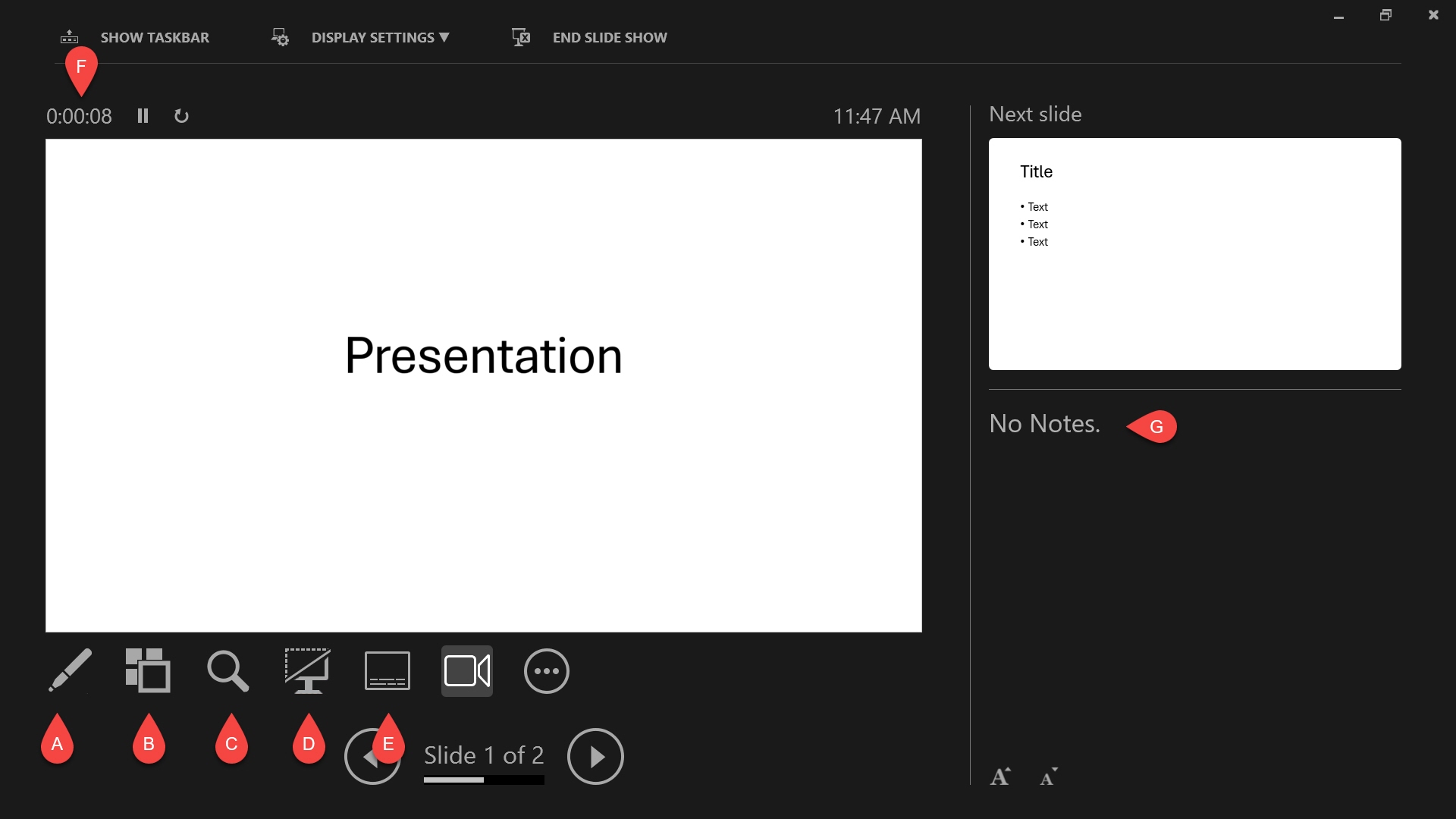 Microsoft PowerPoint Presenter View showing the Pen, Thumbnail, Zoom, Blanking, Subtitles icon along witht he ongoing time for the presentation and the presenter notes