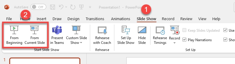 Desktop Version Slide Show Tab showing the selection of Slide Show from the top tab, then selecting the presentation options