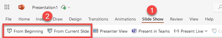 Web Version Slide Show Tab showing the selection of Slide Show from the top tab, then selecting the presentation options