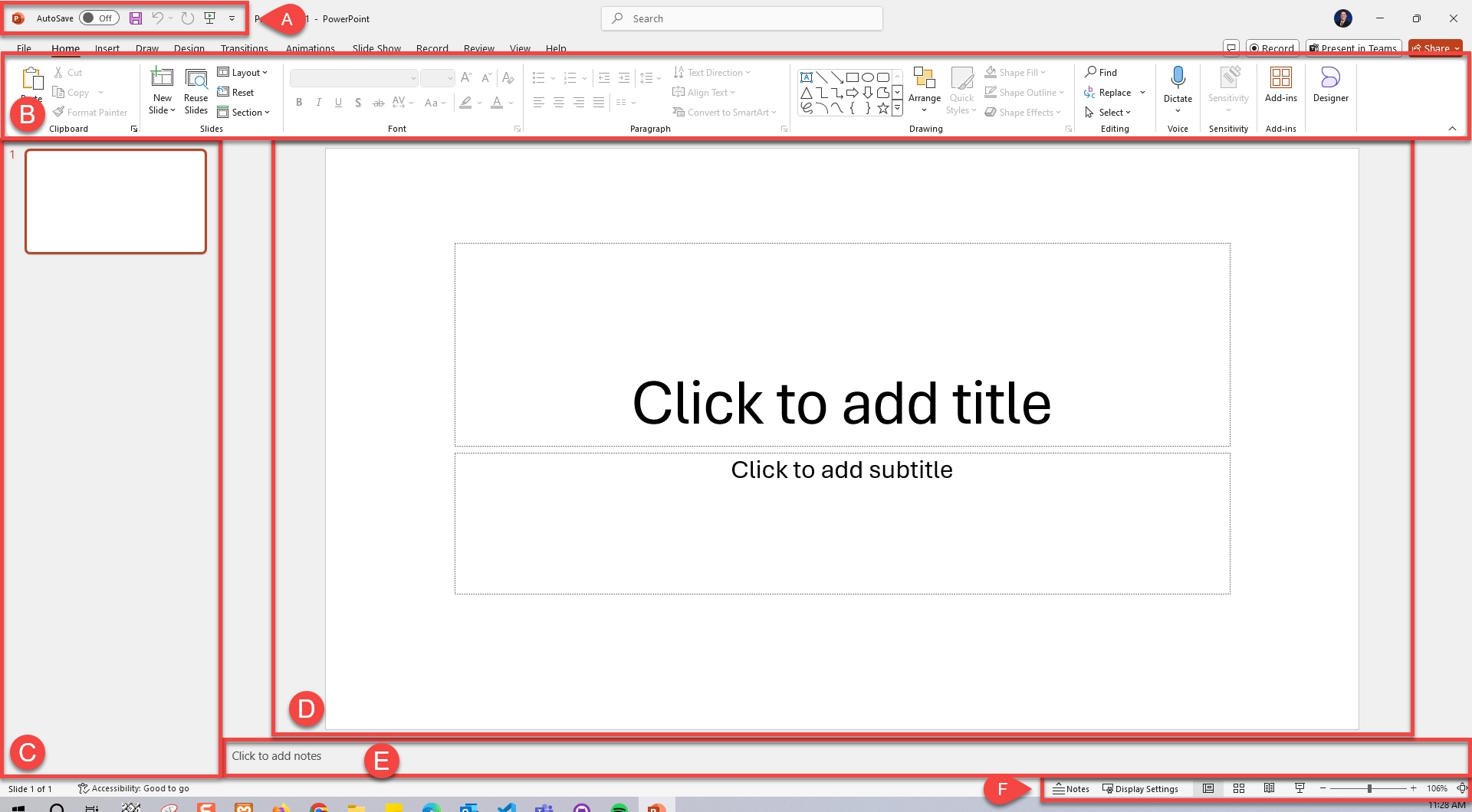 Microsoft PowerPoint User Interface showing the Quick Access Toolbar, Ribbon, Slides Tab, Presentation Window, Presenter Note, and Status Bar