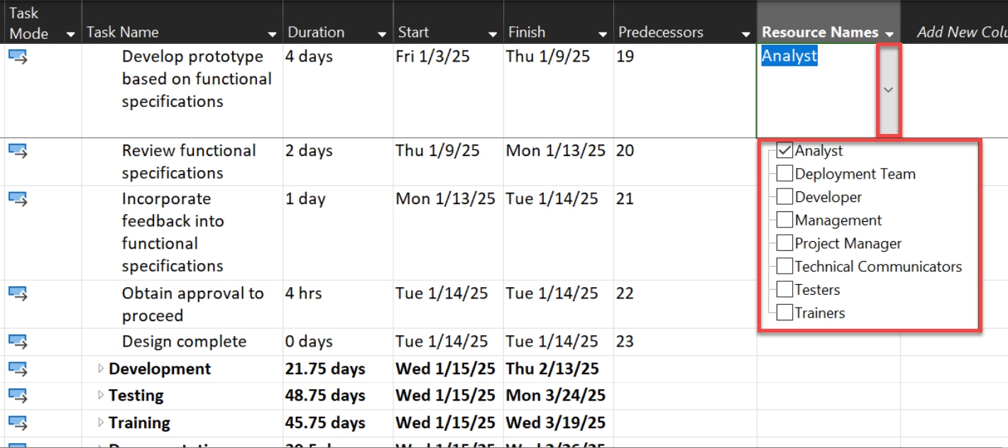 Assigning people tasks in Microsoft Project and visually assigned names by task