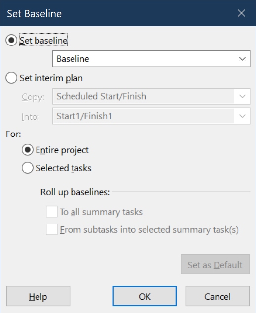 Set baseline chosen and titled Baseline 1 highlighted in blue with OK button outlined blue