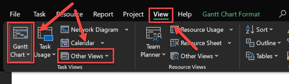 Change your view in Microsoft Project current view is calendar with tasks