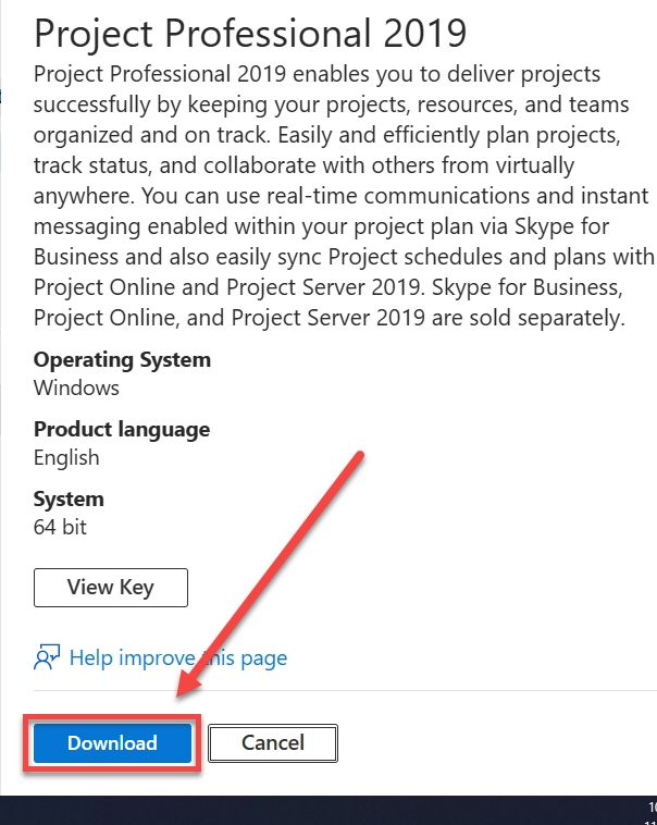 Download Project Professional 2019 download button outlined and arrowed