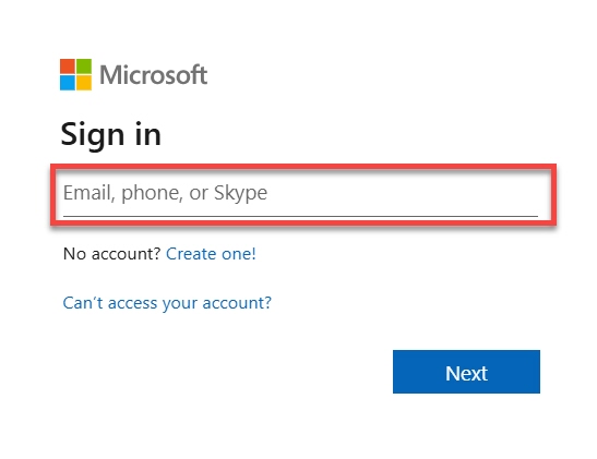 Microsoft Sign In prompt, email field outlined with next button arrowed and outlined