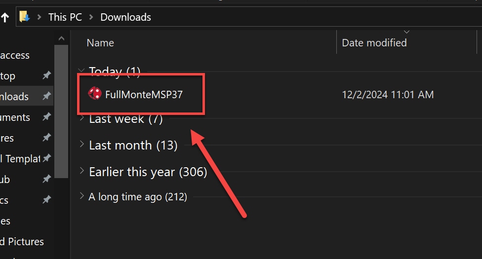 FullMonteMSP35.exe file outlined and arrowed to, click from file explorer after download
