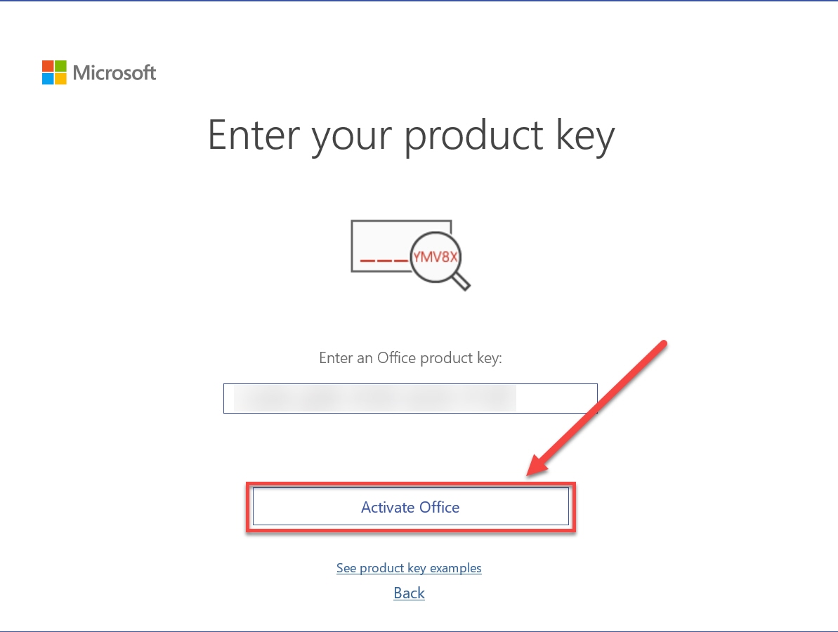 Enter office product key and select Activate Office