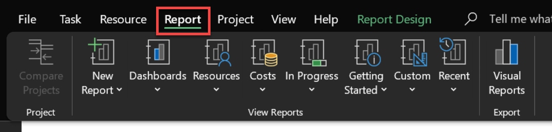 Microsoft Project Report with task completion percent and realting graphic to the Project Report