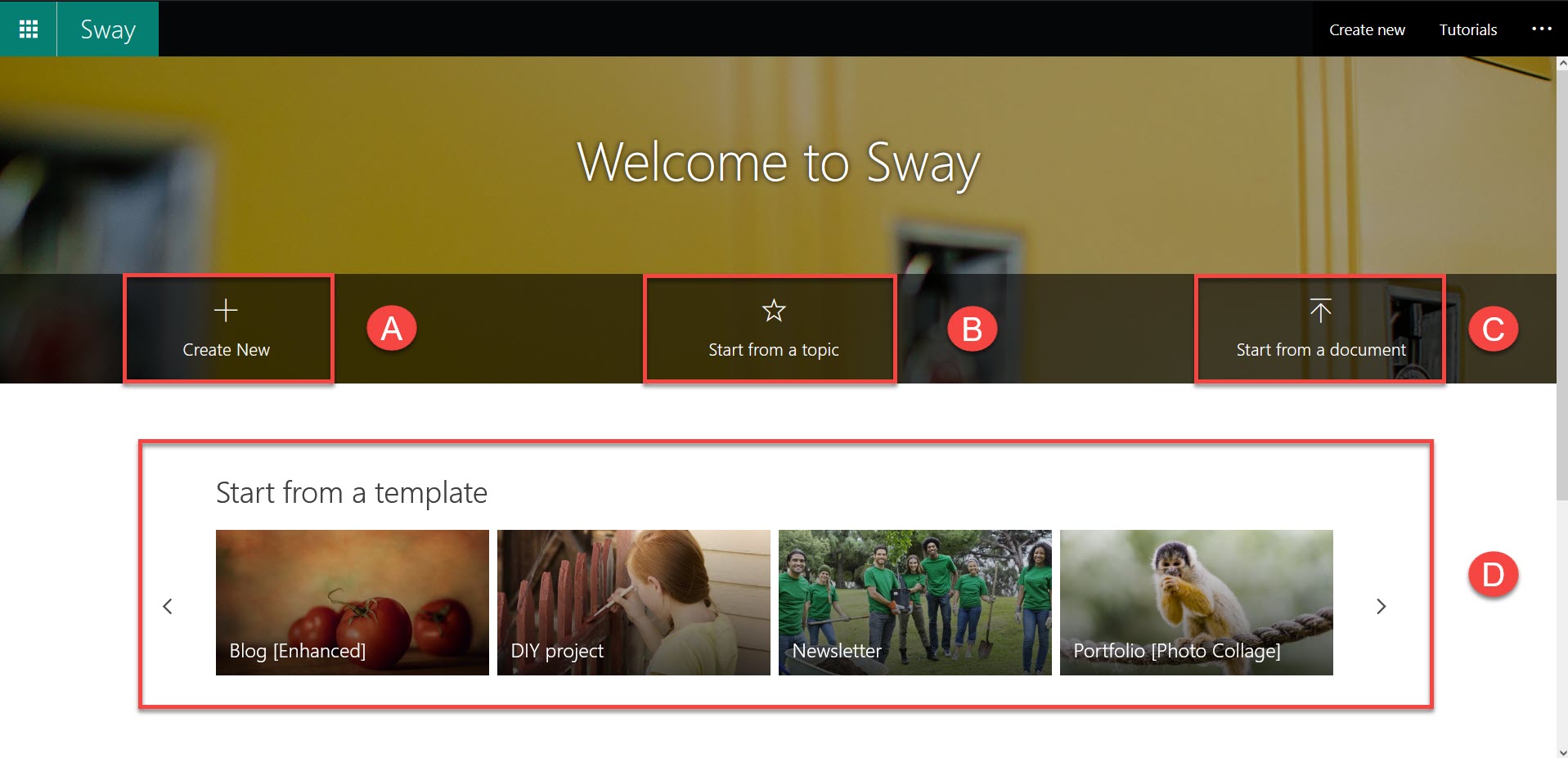 Sway Home Page with Sway Starter Templates and Blank Templates highlighted