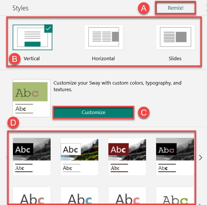 Sway Styles Panel with the different styles highlighted. Includes Remix and Customize buttons highlighted