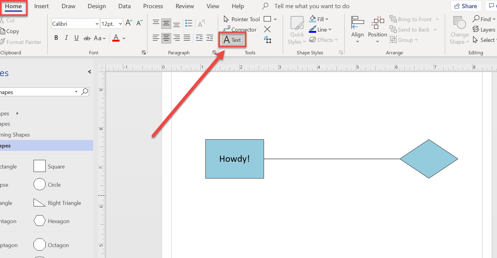 Home tab active and outlined with Font and Paragraph sections outlined at the top of Visio