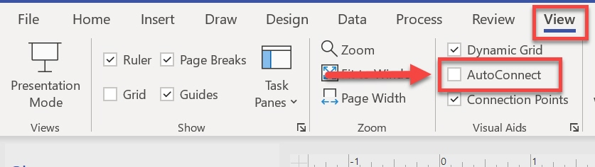 View tab active and outlined with AutoConnect selected and outlined in the visual aids section of Visio