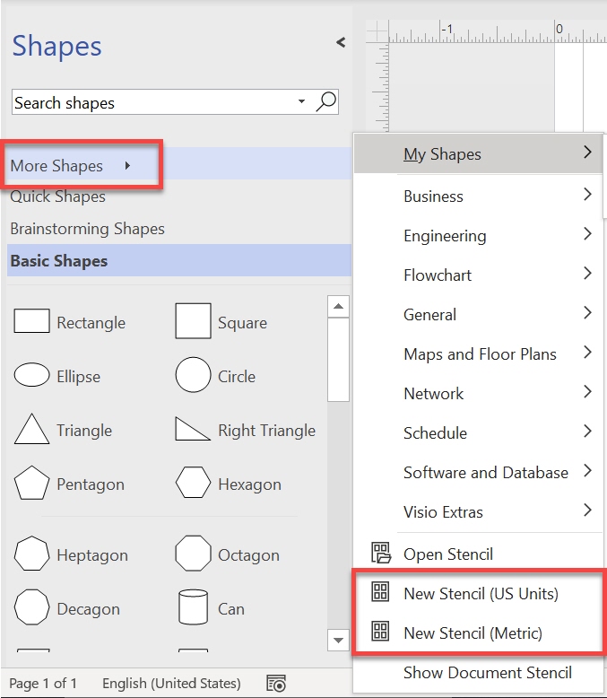 More Shapes button outlined with submenu with New Stencil (US units) and New Stencil (Metric) outlined