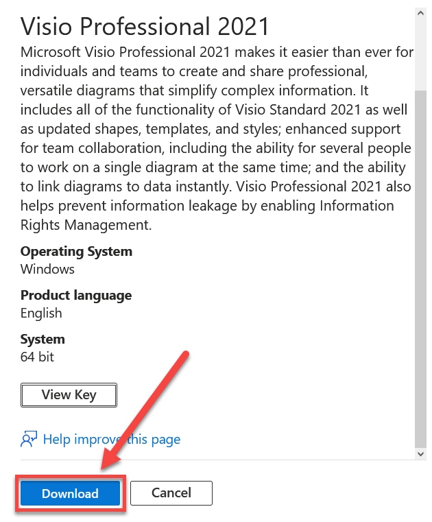 Download Visio Professional 2019 download button outlined and arrowed