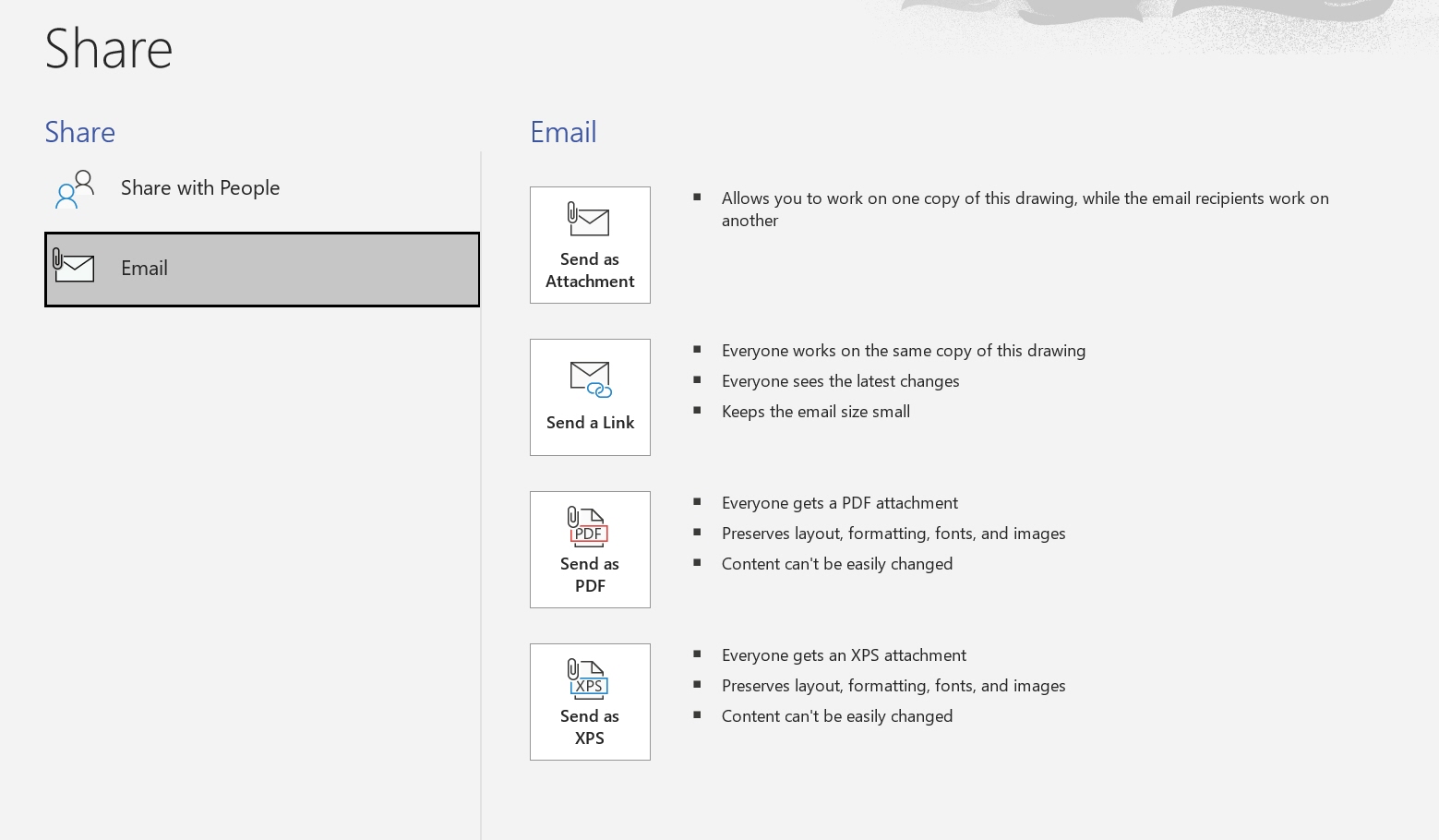 Share by Email selected with 4 ways to share your visio through email, as an attatchment, as a link, as a pdf or as a xps