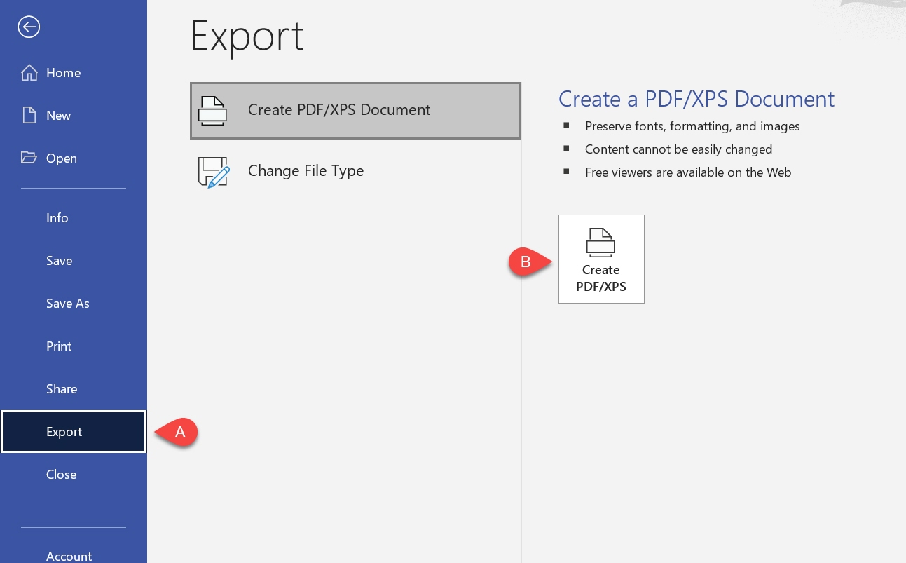 Select Export labeled a, create pdf/xps labeled b