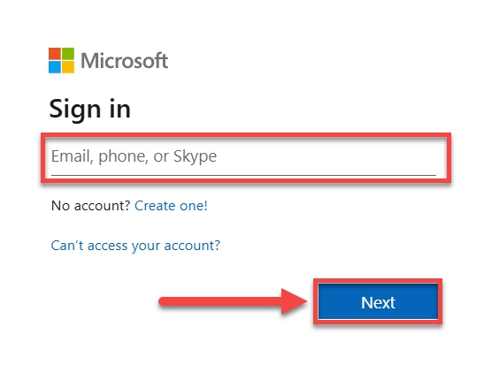 Microsoft Sign In prompt, email field outlined with next button arrowed and outlined