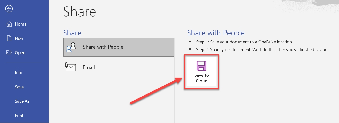 Share with people selected with Save to Cloud option outlined and arrowed