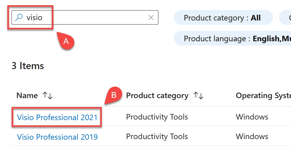 Search box outlined and arrowed lettered A then Visio Professional 2019 outlined and arrowed lettered B