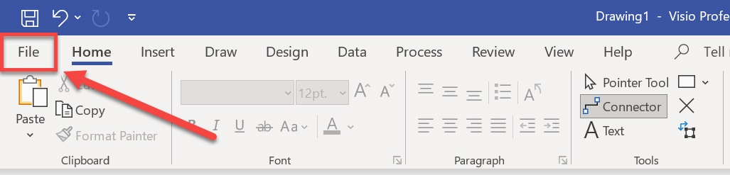 Select File tab at top of Visio outlined and arrowed