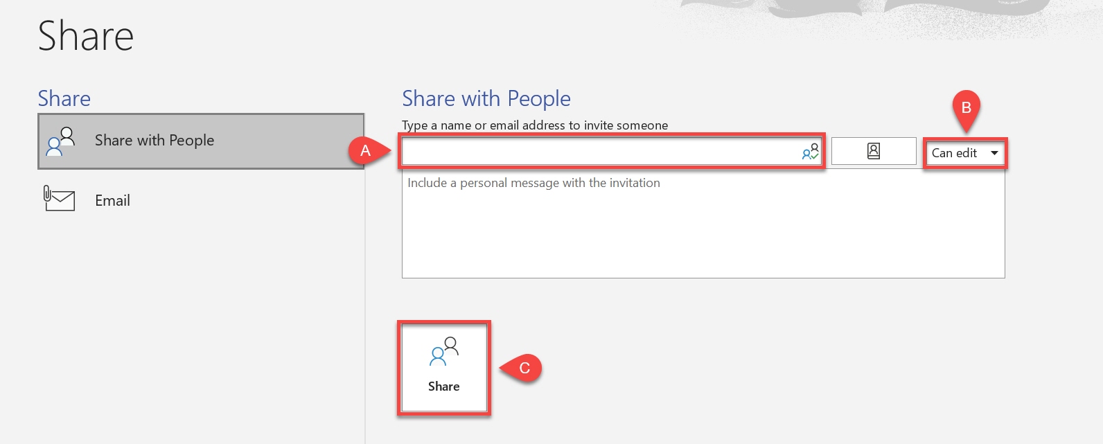 Share with people selected, invite through name or email field labeled a, permissions of viewers labeled b, then select Share labeled c